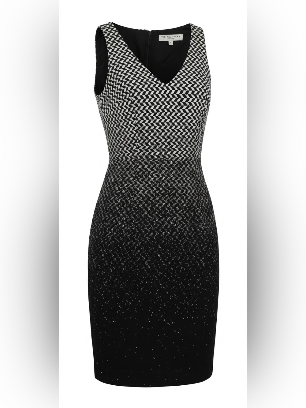 Trina Turk Ombre Chevron Sheath Dress Sz 6 Black White V-Neck USA Business Party